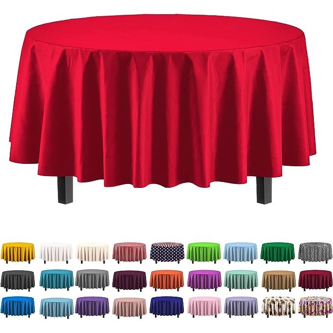 Elevate your event's ambiance with our Exquisite 6-Pack Premium Plastic Tablecloth Collection, the perfect blend of convenience and chic design. Each set includes six vibrant red round tablecloths, spanning a generous 84 inches designed to fit a range of round tables seamlessly.