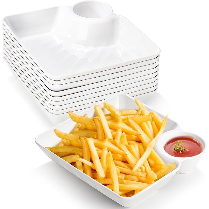 The Lawei 10Pcs Chips and Dip Plates are a set of plastic serving platters designed for serving snacks and appetizers. Each plate features a divided design with a main section for chips, crackers, or other snacks, and a smaller section for dips or sauces.