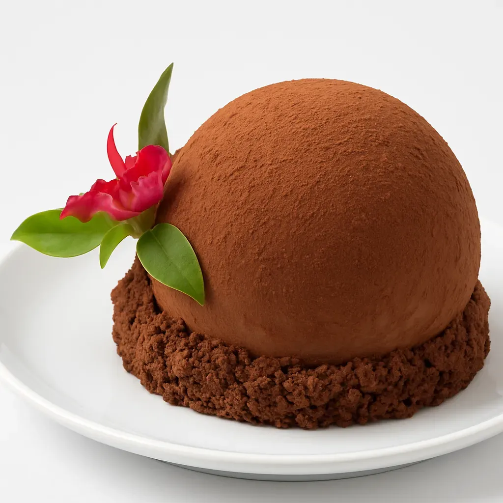 A luxurious Brazilian dessert featuring a chocolate and almond cake base, filled with cupuaçu mousse and a brigadeiro center, adorned with cocoa dusting and floral garnishes.