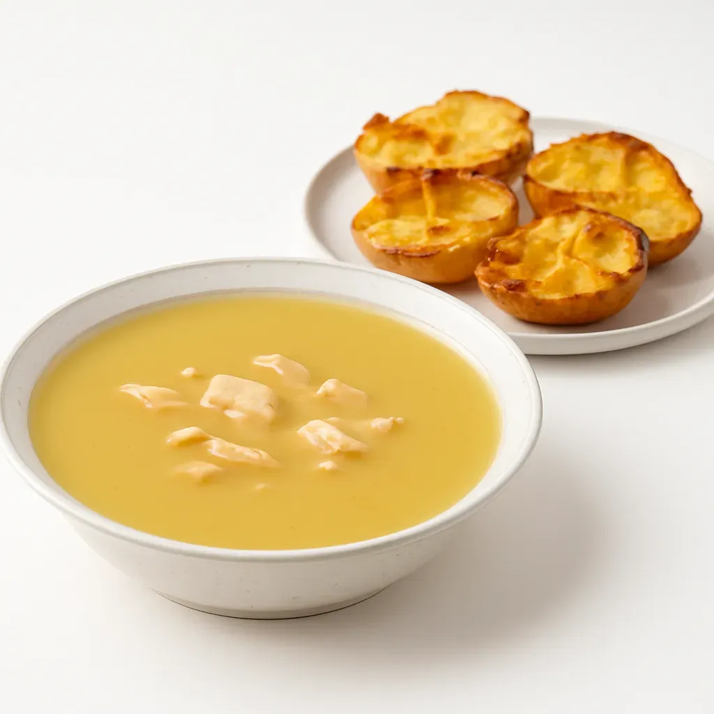 A delicious Danish-inspired baked potato soup topped with tender chicken cubes and paired with crispy potato boats filled with melted mozzarella and savory bacon.