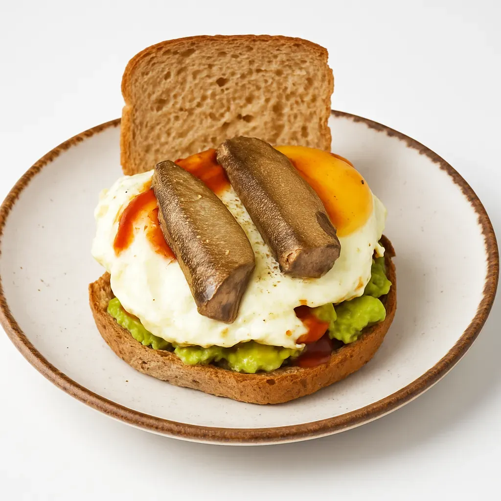 A delightful breakfast sandwich featuring Riga Gold sprats, creamy avocado, a fried egg, and fresh veggies, perfect for a morning boost or a satisfying lunch.