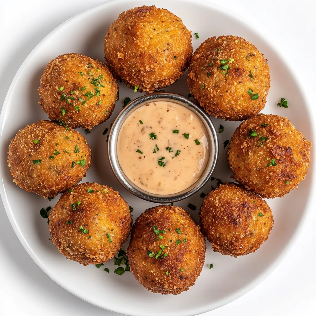 Boudin Balls are a classic Southern treat, featuring the perfect blend of spicy sausage and savory rice, breaded and deep-fried to golden perfection. The preparation involves mixing cooked rice with spicy boudin sausage meat, shaping the mixture into small balls, and coating them in a crispy breading before they're fried. These flavorful morsels are often served as appetizers, with a side of remoulade or hot sauce for dipping. They make for an irresistible starter or party snack that's packed with flavor and sure to be a crowd-pleaser. Description by ChatGPT.