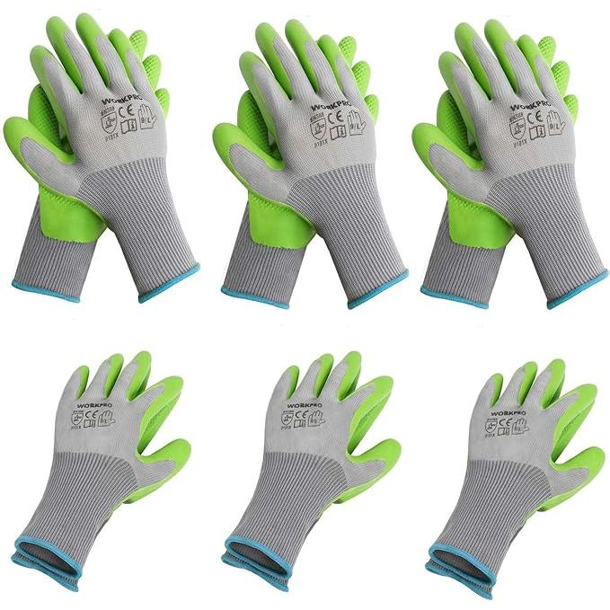 The WORKPRO 6 Pairs Garden Gloves are designed for various gardening tasks such as weeding, digging, raking, and pruning. These gloves feature an eco latex palm coating that provides a strong grip and protection while working in the garden. The gloves are available in size large, making them suitable for most adults.