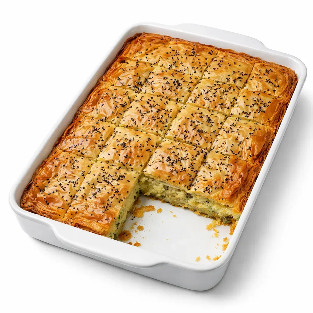 Discover the flavors of Greece with this Vegan Filo Potato Pie, known as 'patatopita.' A savory delight featuring herbed potato filling wrapped in crispy filo pastry, perfect for main courses or party finger food.