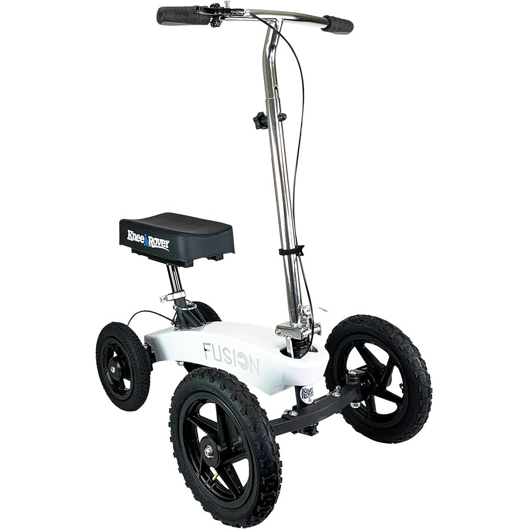 The KneeRover All Terrain Fusion is a patented knee scooter that is designed for adults recovering from foot surgery, broken ankles, and foot injuries. It features innovative 4-wheel steering, which provides enhanced stability and control on various types of terrain, making it suitable for both indoor and outdoor use.