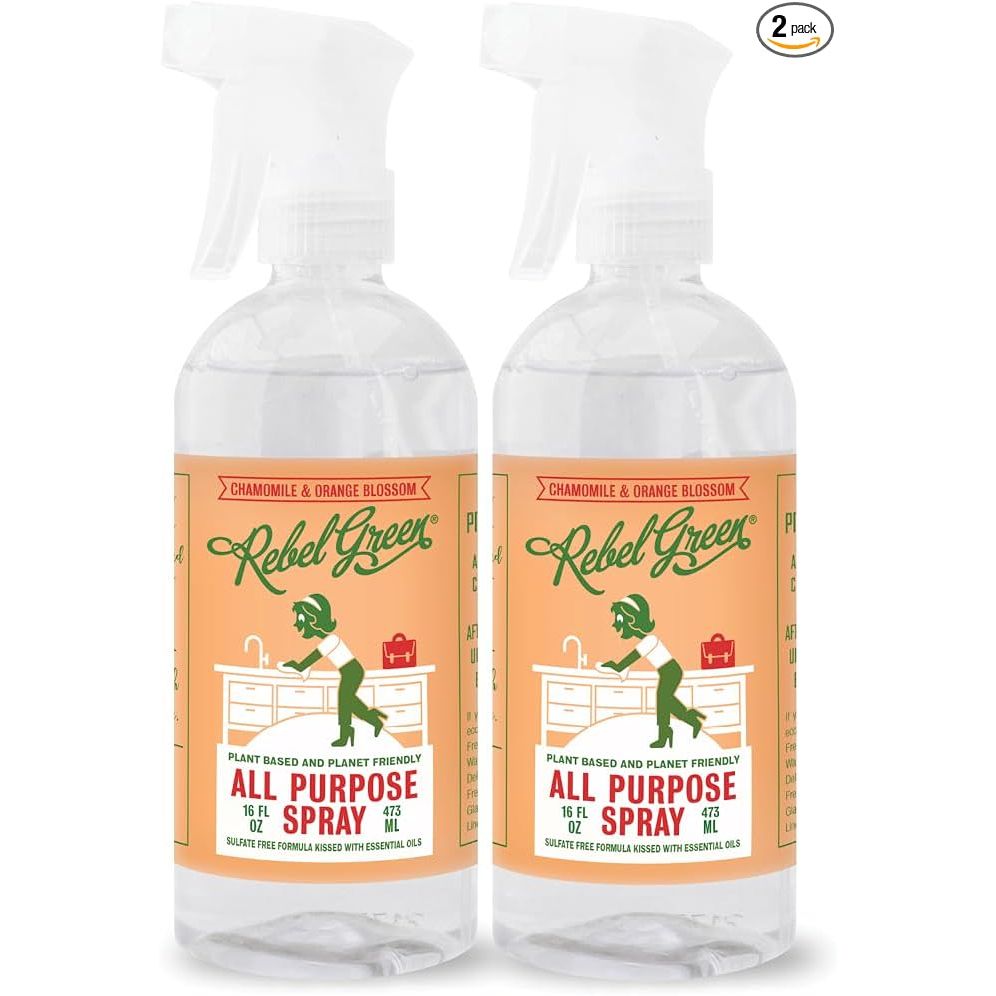 Rebel Green Natural All-Purpose Cleaning Spray is a non-toxic, eco-friendly alternative to traditional cleaning products. Made with essential oils, this multi-surface cleaner is safe for use around children and pets. The Orange & Chamomile scent leaves a refreshing aroma in your home while effectively cleaning and disinfecting surfaces.