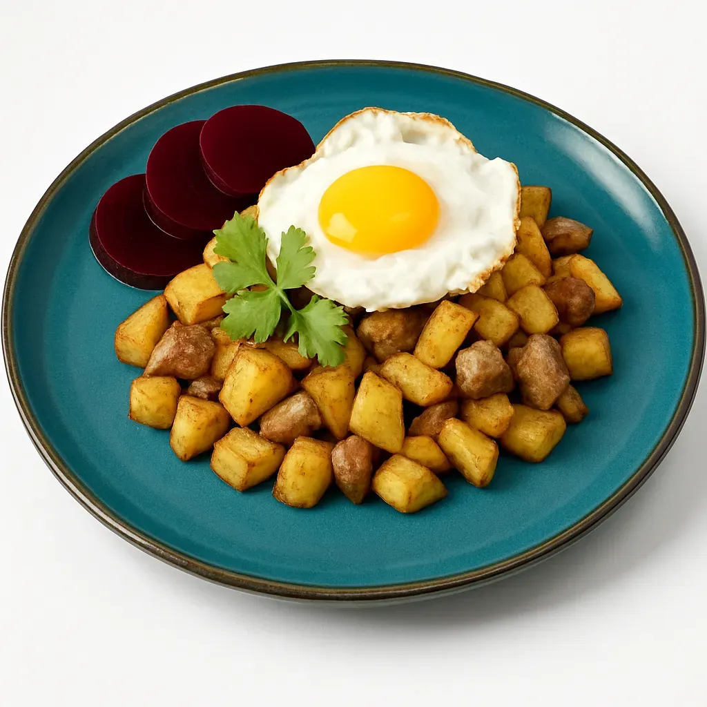 A traditional Danish dish that transforms leftovers into a delicious hearty hash, featuring crispy potatoes, savory meats, and topped with a fried egg.