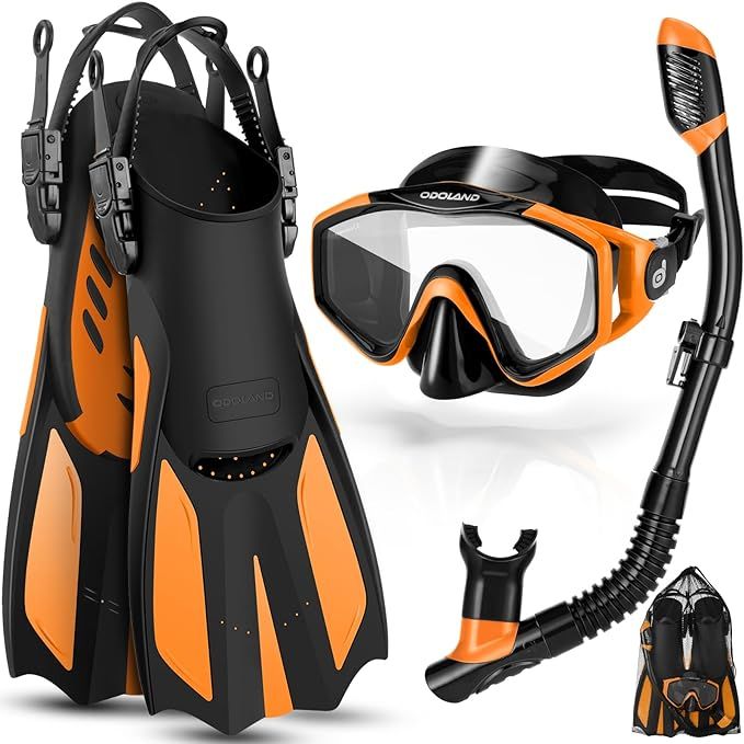The Odoland Snorkel Set is a complete snorkeling package designed for adults of all skill levels. The set includes a dry top diving mask, adjustable swim fins, and a mesh bag for easy portability. The anti-fog and anti-leak design of the snorkeling gear ensures a clear and comfortable experience underwater.