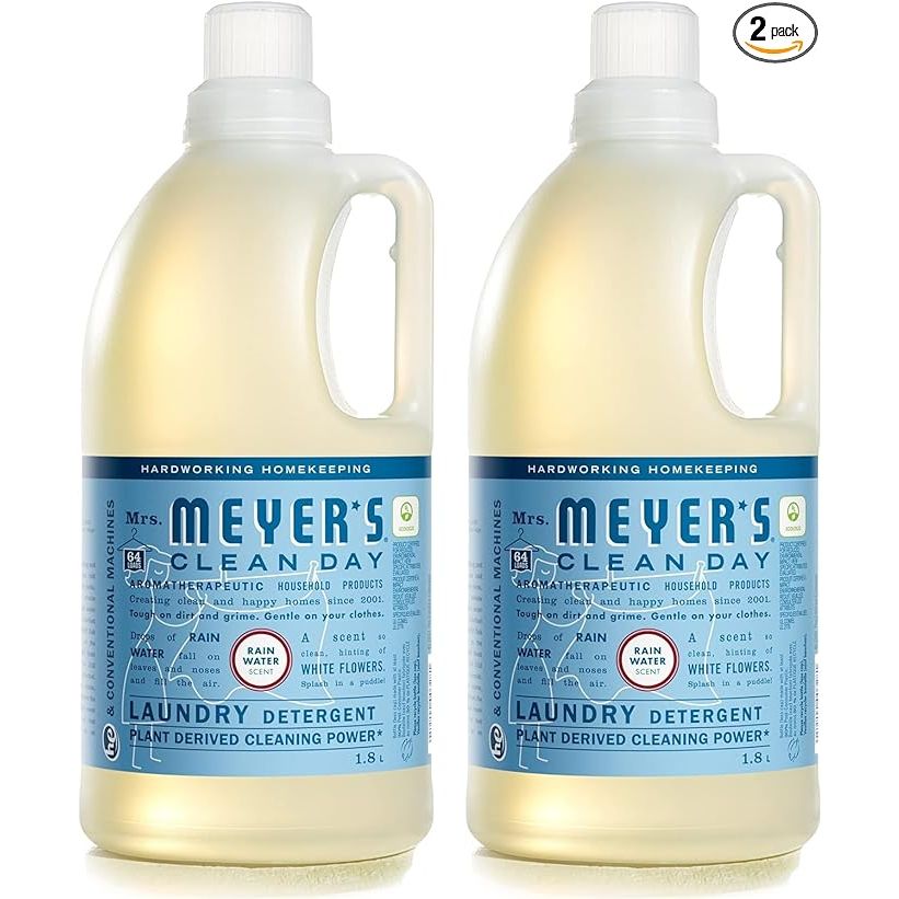 Mrs. Meyer's Clean Day Liquid Laundry Detergent is a biodegradable formula that is gentle on clothes and the environment. This detergent is infused with essential oils, specifically rain water scent, to leave your laundry smelling fresh and clean. Each pack contains 64 ounces of detergent, enough for 128 loads of laundry.