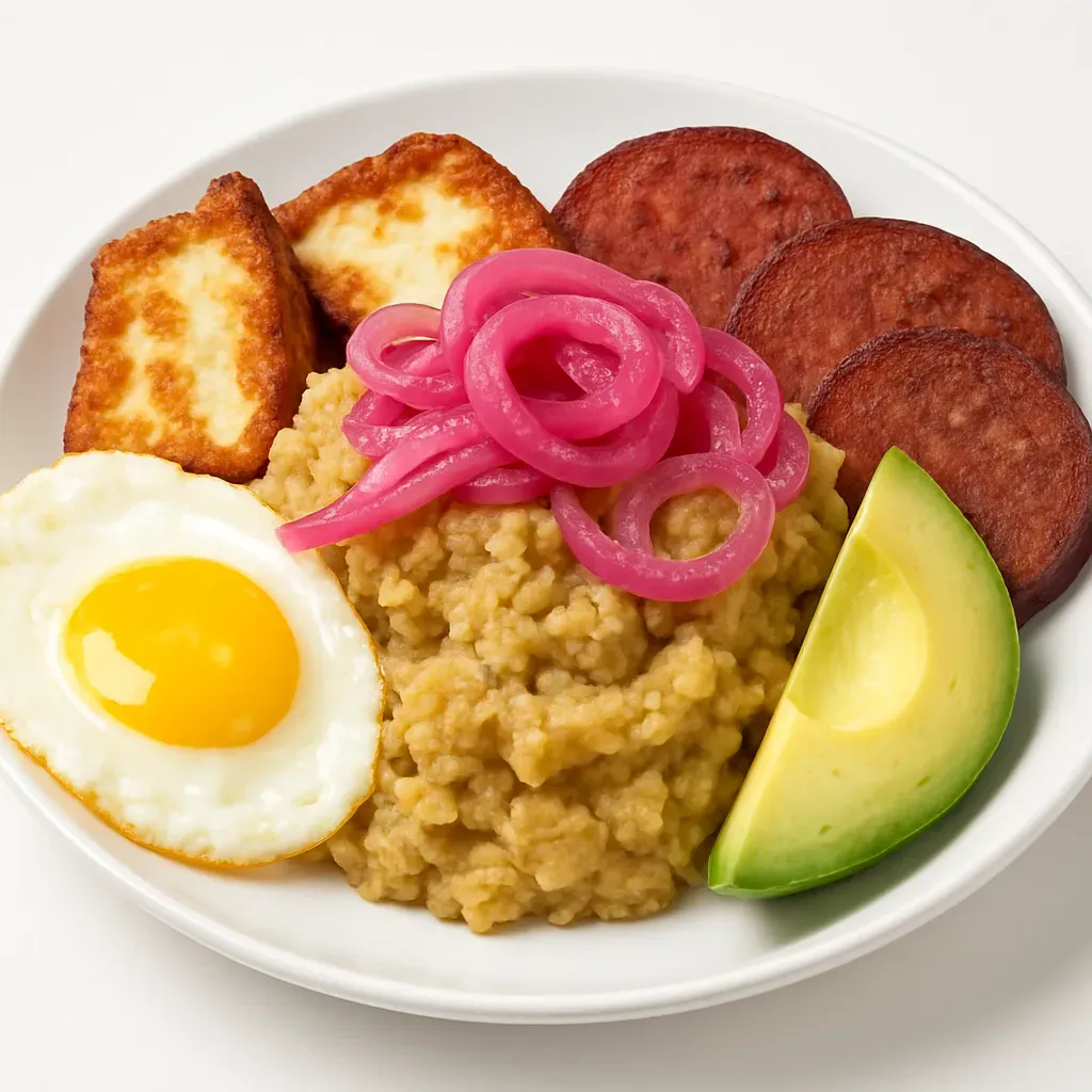 A hearty Dominican breakfast featuring creamy mashed green plantains served with fried cheese, crispy salami, and eggs, topped with refreshing pickled red onions.