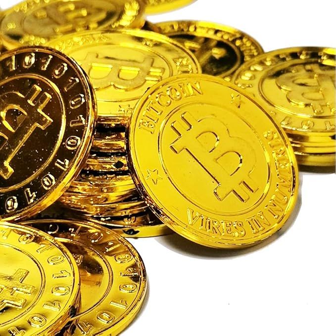 Add some sparkle to your poker nights or creative projects with these gold plastic bitcoins. This package contains 50 pieces, making them perfect for office decorations, party favors, or as chips during card games. These versatile coins are sure to add a touch of fun to any event.