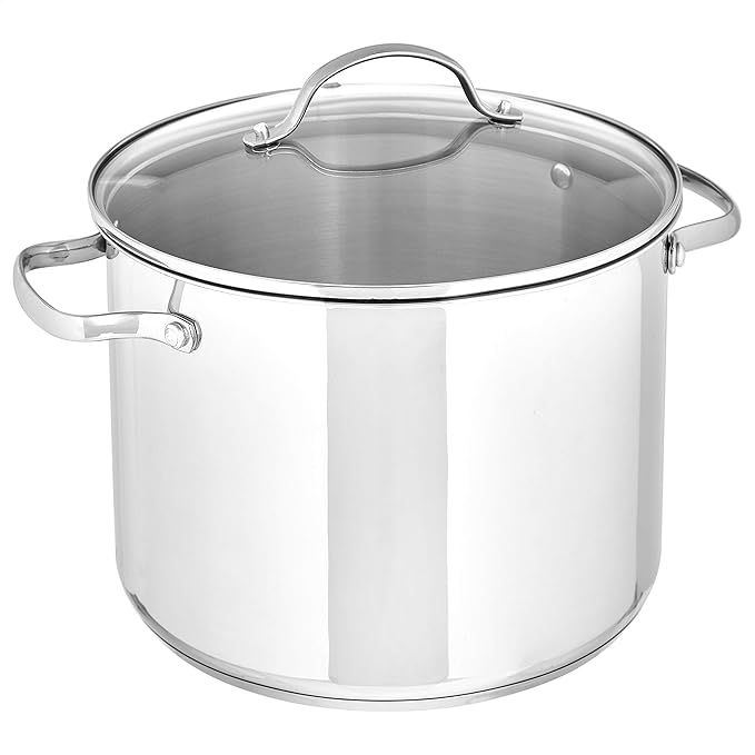 The Amazon Basics Stainless Steel Stock Pot is an 8-quart cooking pot made of durable stainless steel with a shining silver finish. It comes with a matching lid that helps to retain heat and moisture during the cooking process. This pot is ideal for boiling, simmering, or stewing a variety of foods, making it a versatile addition to any kitchen.