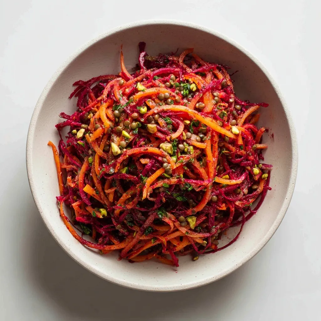 A vibrant Moroccan-Spiced Salad featuring colorful beets and carrots, crunchy pistachios, and aromatic spices. Perfect for meal prep or as a light main course.