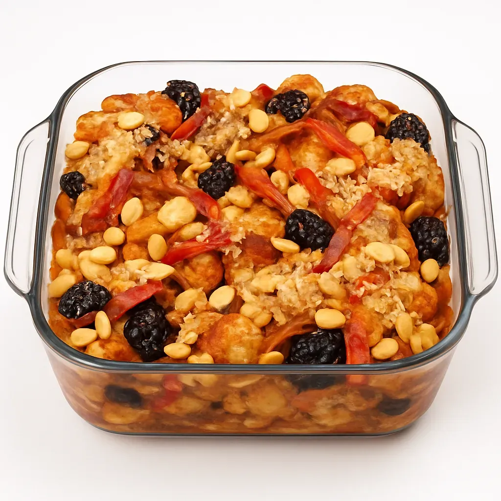 A traditional Mexican dessert with layers of bread, fruits, nuts, and piloncillo syrup, perfect for festive occasions.