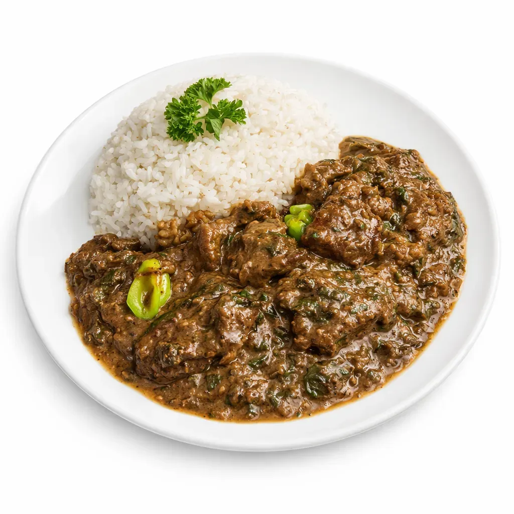 A hearty and flavorful West African dish made with sorrel and spinach leaves, precooked meat, and enriched with peanut paste and spices, perfect when served with rice or fufu.