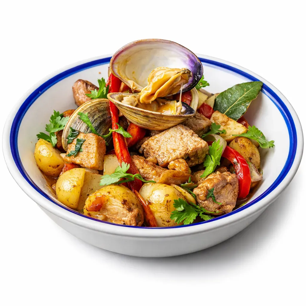 A savory dish combining tender pork, fresh clams, and vibrant spices, representing the authentic flavors of Alentejo, Portugal.