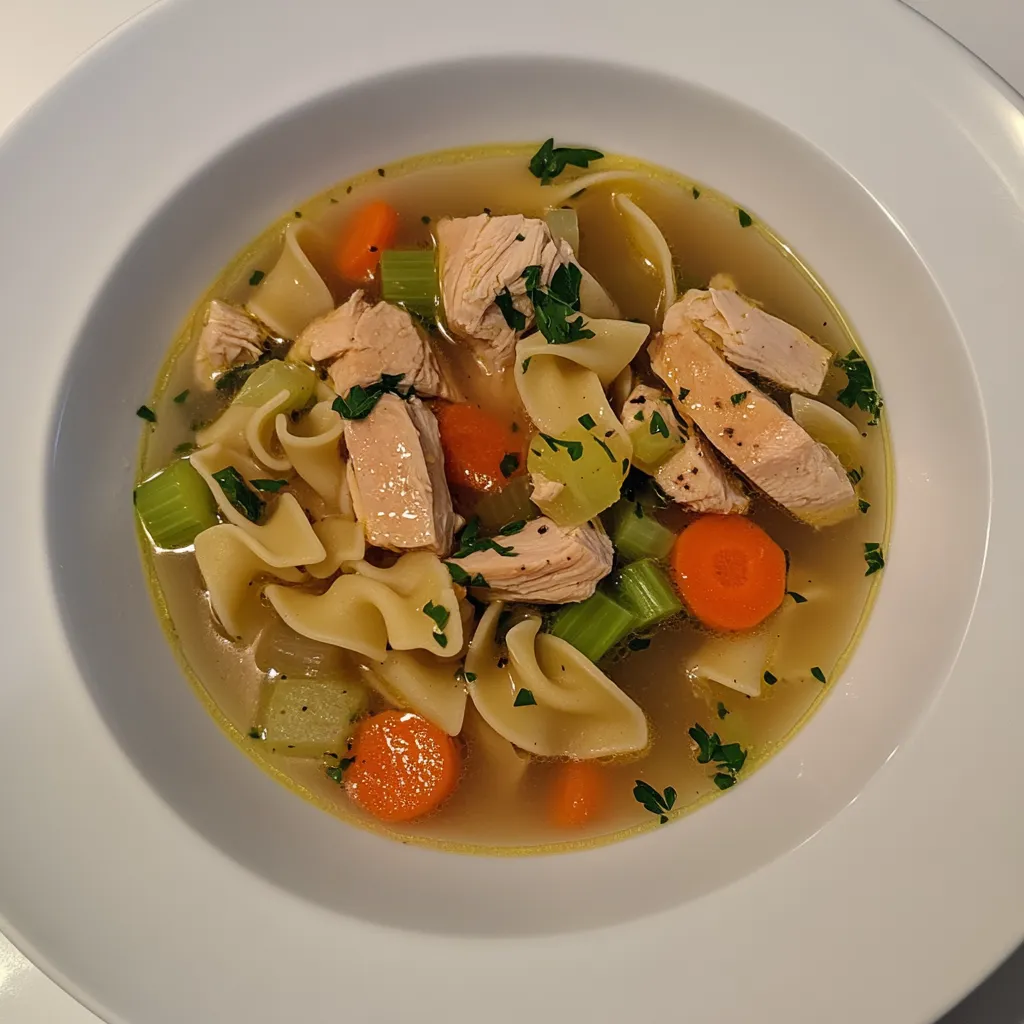 Chicken Noodle Soup is a classic comfort food known for its soothing properties and delightful mix of flavors. This wholesome soup features tender pieces of chicken, egg noodles, and a variety of vegetables such as carrots, celery, and onions simmered in a rich chicken broth.