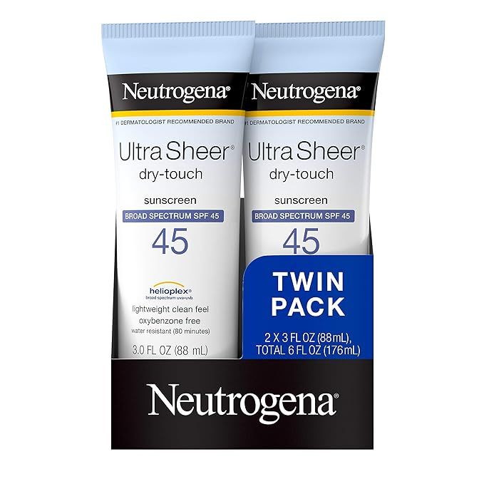 Protect your skin from the harmful effects of the sun with the Neutrogena Ultra Sheer Dry-Touch Non-Greasy Sunscreen SPF 45 Twin Pack. This set includes two 3-fluid ounce bottles of fast-absorbing sunscreen with Dry-Touch technology for a non-greasy, matte finish.