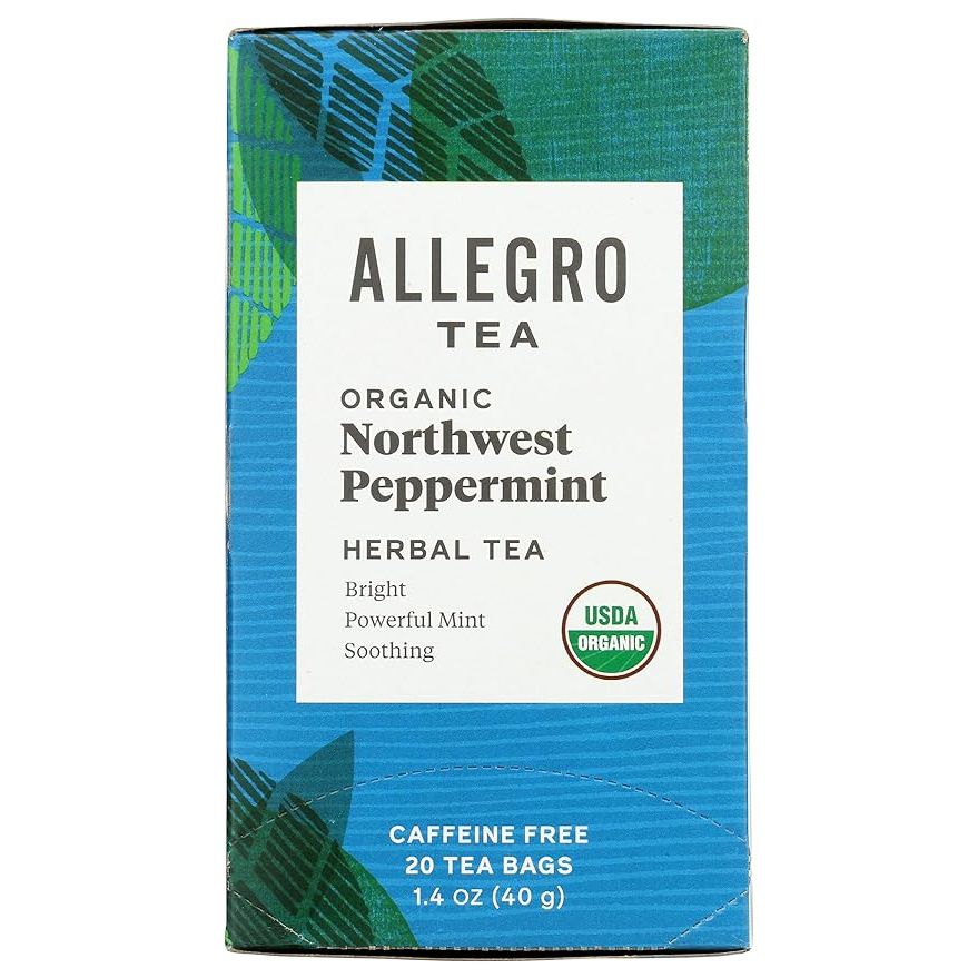 Allegro Tea's Organic Northwest Peppermint Tea Bags come in a pack of 20 individual tea bags. The tea is certified organic and sourced from the Pacific Northwest region of the United States. The peppermint used in this tea is grown without the use of synthetic pesticides or fertilizers, making it a natural and sustainable choice for tea drinkers.