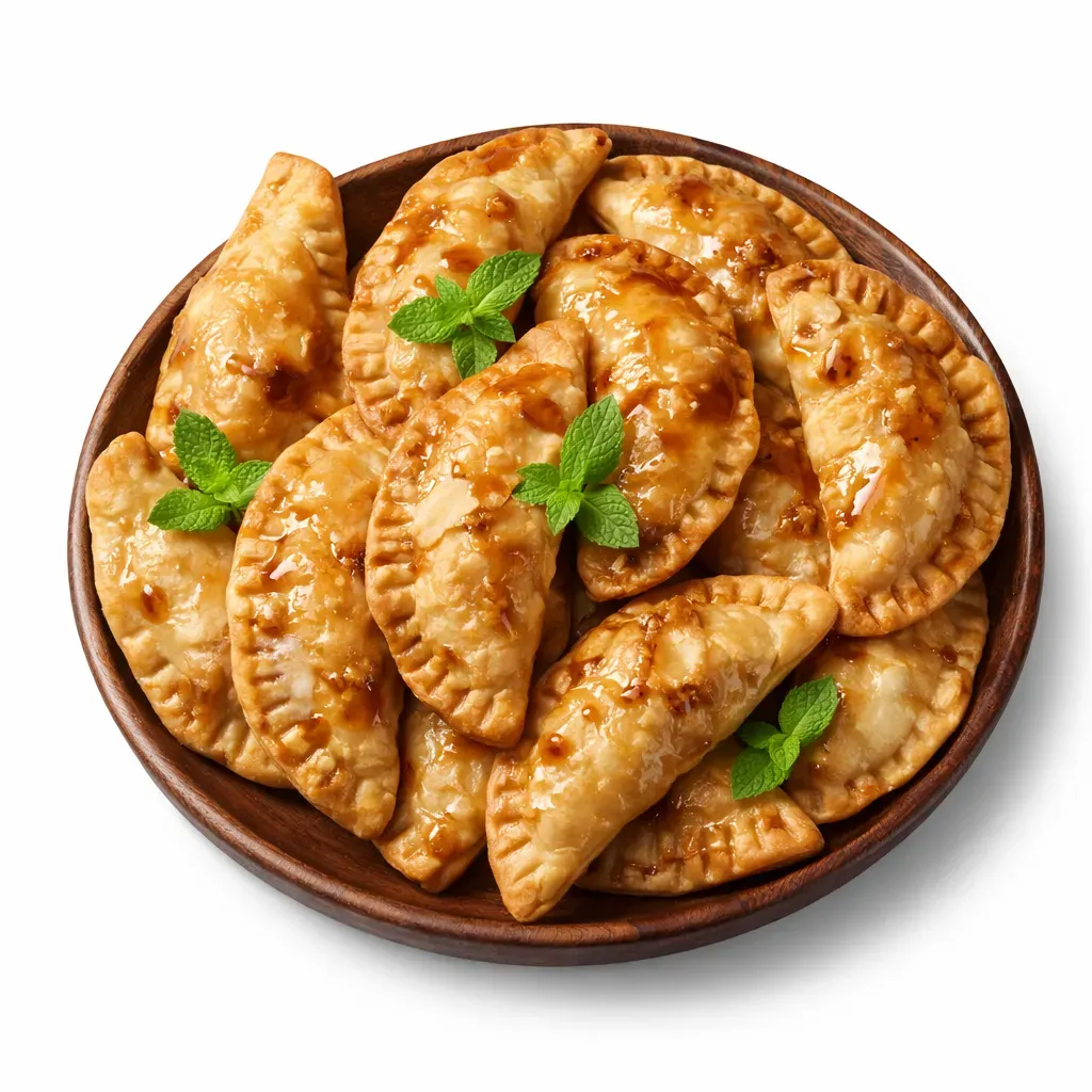 Delightful small, fried pies from the Greek island of Milos, filled with caramelized onions, garlic, and feta cheese, served drizzled with grape molasses.