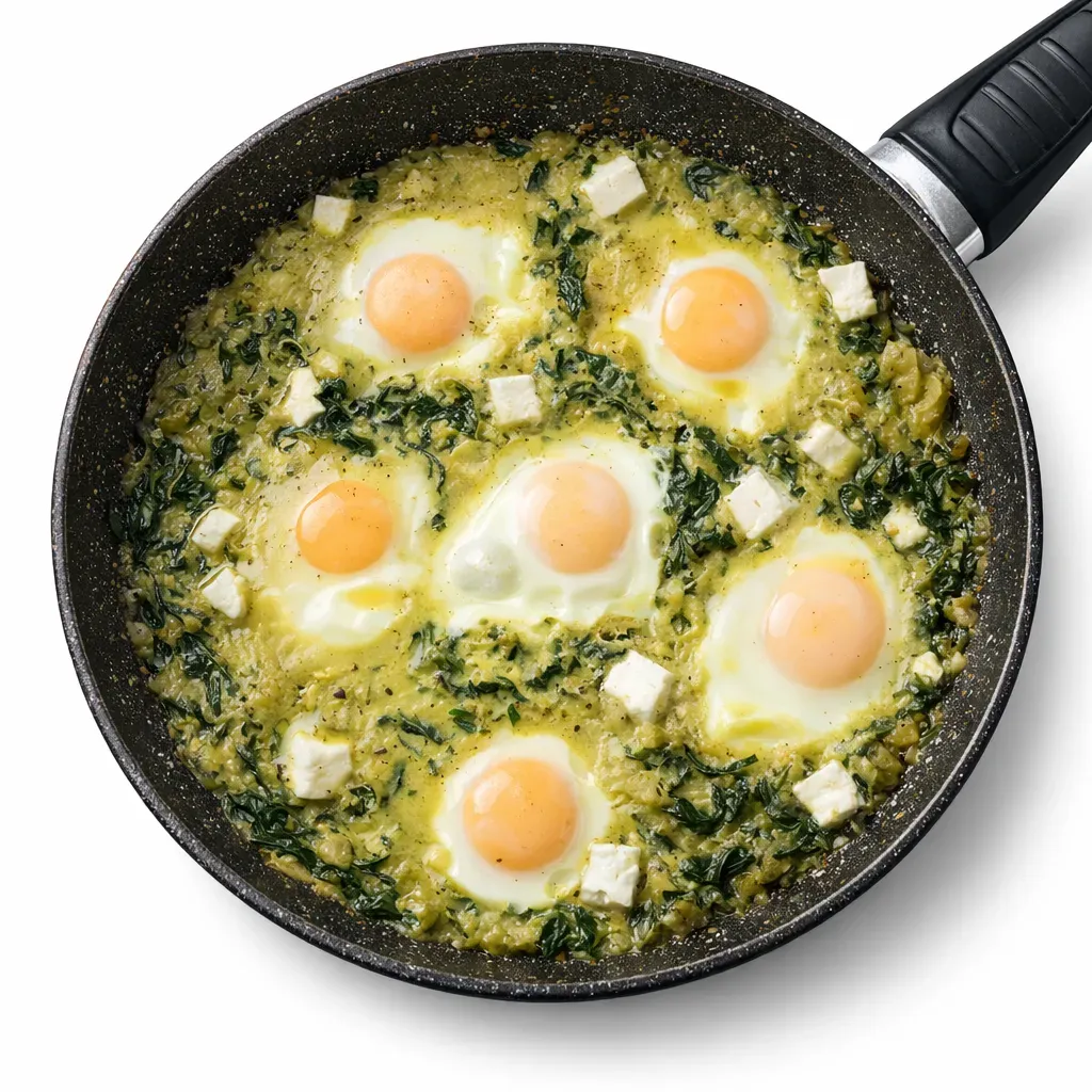 A vibrant twist on a Middle Eastern classic featuring greens like spinach and fresh herbs, enveloped in a creamy sauce, and topped with runny eggs and crumbled feta.