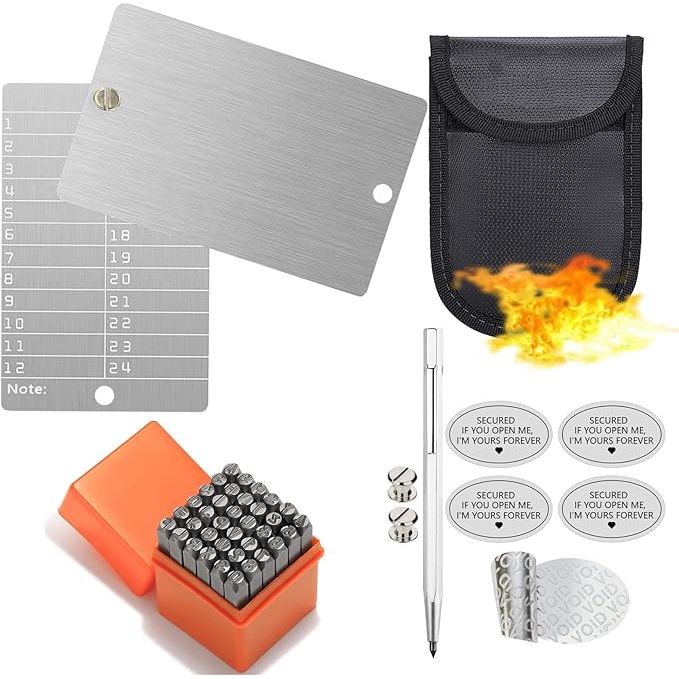 The 11 in 1 Stainless Steel Bitcoin Crypto Wallet Kit is a comprehensive solution for securely storing and backing up your digital cryptocurrency seed phrase. The kit includes metal stamps for engraving your seed phrase onto stainless steel plates, a fireproof and waterproof bag for added protection, and an engraving pen for easy customization.