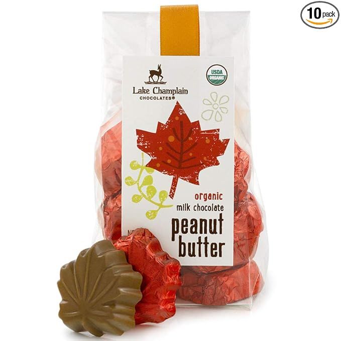 Lake Champlain Chocolates Organic Peanut Butter Chocolate Leaves Gift Bag is a 5 oz bag of gourmet, organic chocolate treats. These decadent treats are made with smooth organic peanut butter and rich, creamy milk chocolate that is both Fair Trade and USDA organic certified.