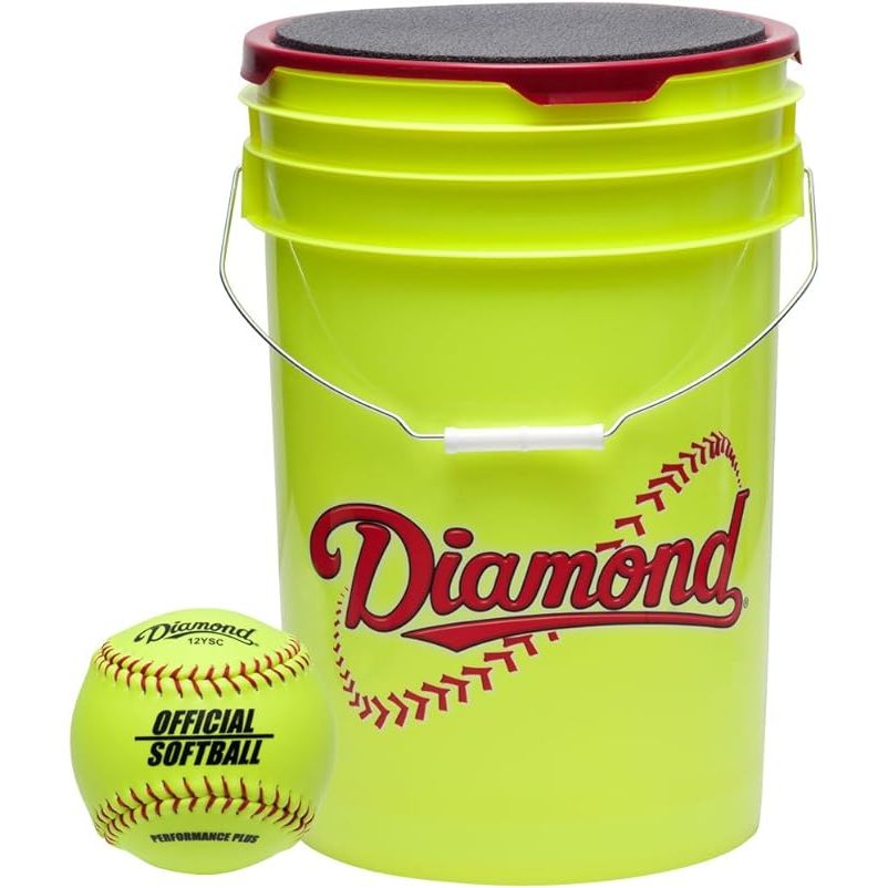 The Diamond Sports Official Fastpitch 12YSC Softballs with Bucket is a convenient and durable set for players and coaches. This pack includes 18 yellow softballs along with a sturdy bucket for easy transportation and storage.