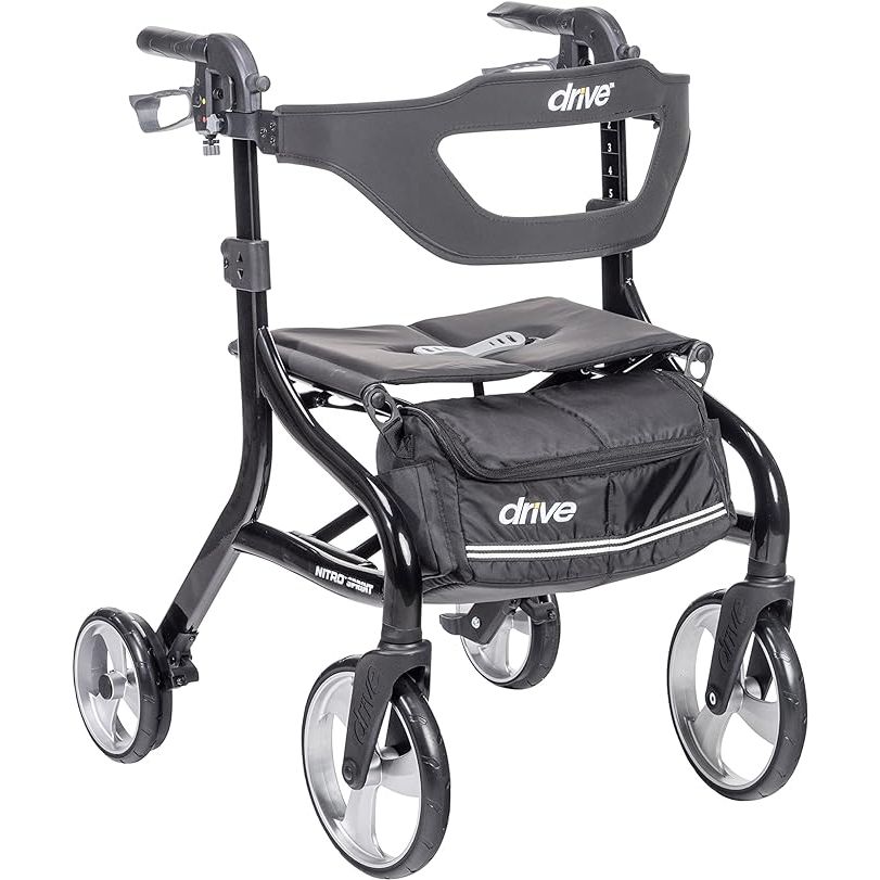 The Drive Medical Nitro Sprint Foldable Rollator Walker with Seat is a lightweight and durable mobility aid designed for individuals who need assistance with walking. It features a comfortable seat for resting, and can easily fold up for convenient storage and transport.