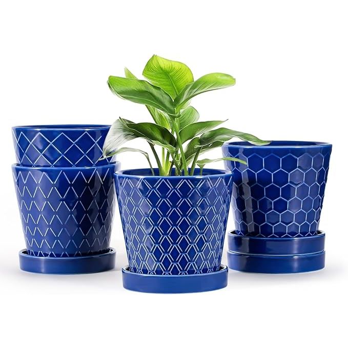 The EFISPSS Ceramic Plant Pots are a set of 5-inch pots ideal for indoor plants. The planters come in a stylish blue color and feature drainage holes to prevent overwatering and promote healthy plant growth. The set includes four pots, each accompanied by a ceramic tray to catch excess water and keep your surfaces clean.