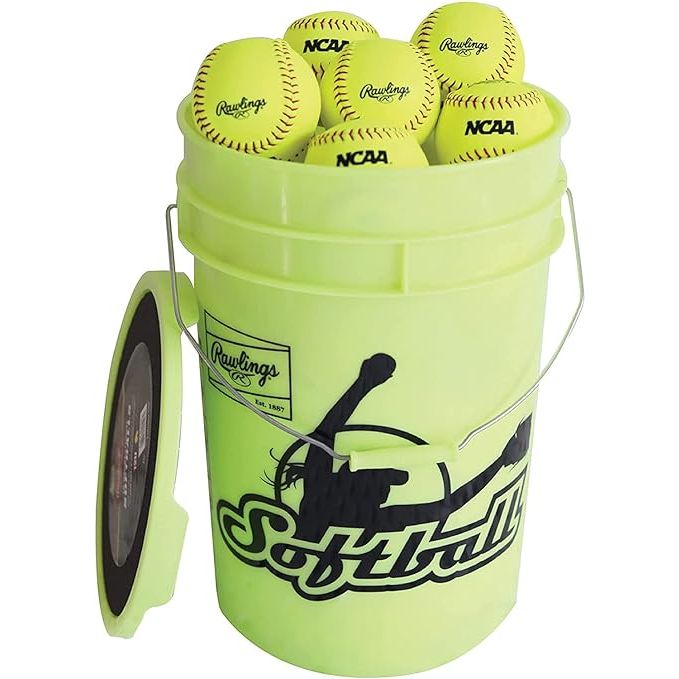 The Rawlings Bucket of 18 Practice Softballs is designed for players aged 12 and under in the 12-inch size. These softballs are made with a synthetic cover, providing durability and a consistent feel for practice sessions.