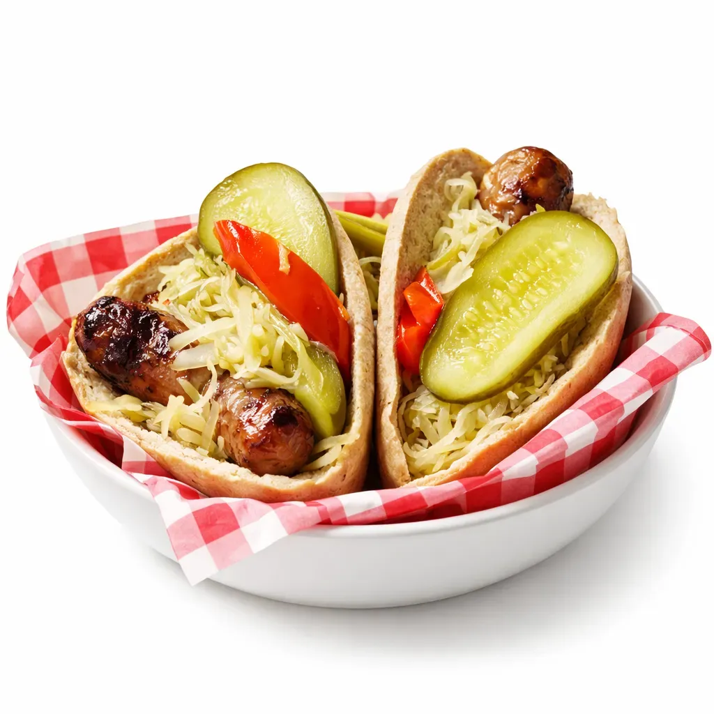Experience the delightful taste of European cuisine with this perfect combination of savory sausages and tangy sauerkraut, enriched with apples and aromatic caraway seeds, all embraced by a warm flatbread. Perfect for casual picnics or outdoor dining.