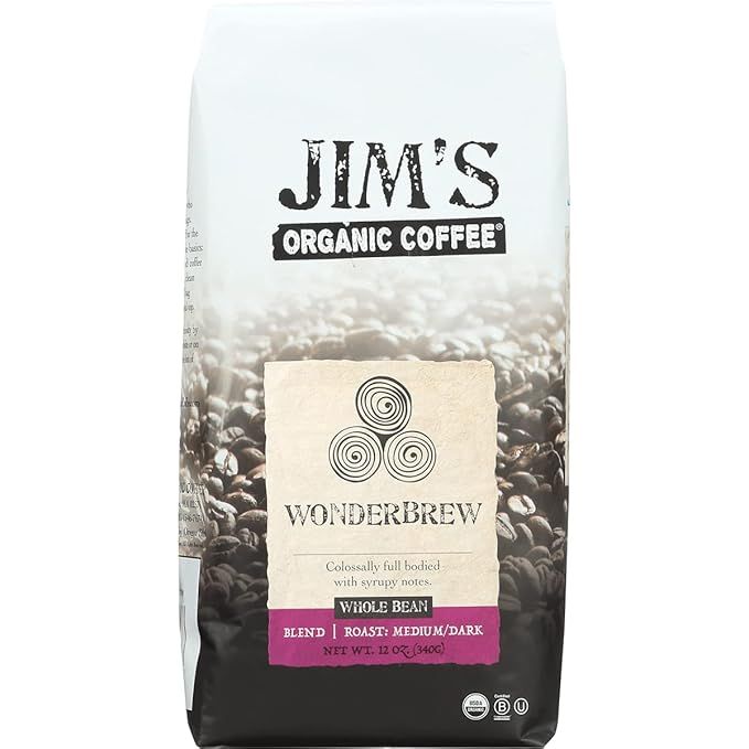 Jim's Organic Coffee Wonderbrew Blend is a medium-dark roast coffee made from whole beans. It comes in a 12 oz bag and is certified organic, regeneratively grown, ethically traded, and shade grown. This blend is a carefully curated mix of organic coffees from around the world, resulting in a rich and flavorful cup of coffee.