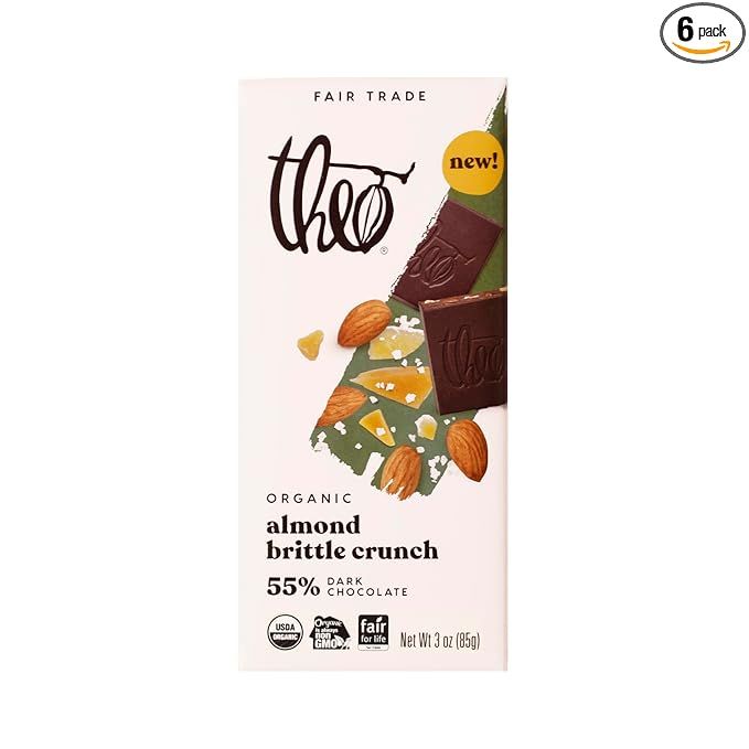 The Theo Chocolate Almond Brittle Crunch Organic Dark Chocolate Bar is a 55% Cacao bar that comes in a pack of six. This delicious treat is vegan and made with Fair Trade ingredients, ensuring that the farmers and workers who produce the ingredients are paid a fair wage.