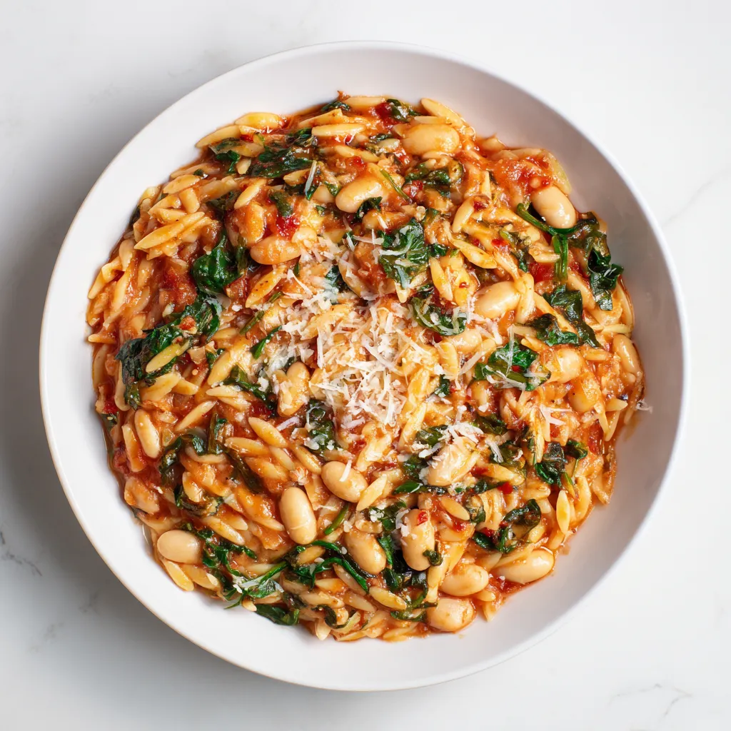 A comforting one-pan dish combining pasta, white beans, marinara, and fresh spinach, topped with gooey mozzarella and Parmesan cheese. Ready in just 30 minutes.