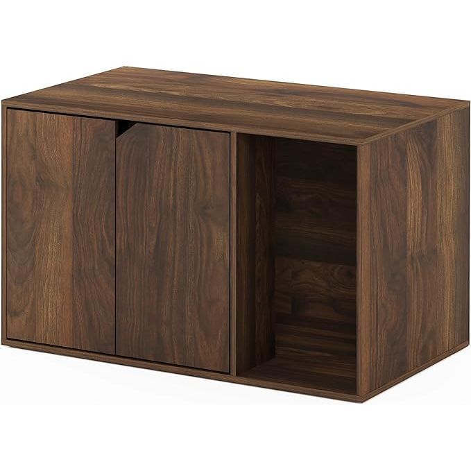 The Furinno Peli Litter Box Enclosure in Columbia Walnut is a stylish and functional option for hiding your cat's litter box. This enclosure features a modern design with a Columbia Walnut finish that will complement any home decor. It is made of engineered wood that is durable and easy to clean, making it a practical choice for pet owners.