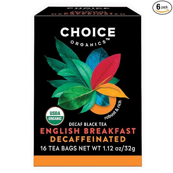 Choice Organics' Organic Decaffeinated English Breakfast Tea is a high-quality blend of organic black tea sourced from fair trade farms. This pack includes 6 boxes, with a total of 96 organic black tea bags. The tea is decaffeinated, making it a great option for those looking to reduce their caffeine intake without compromising on flavor.