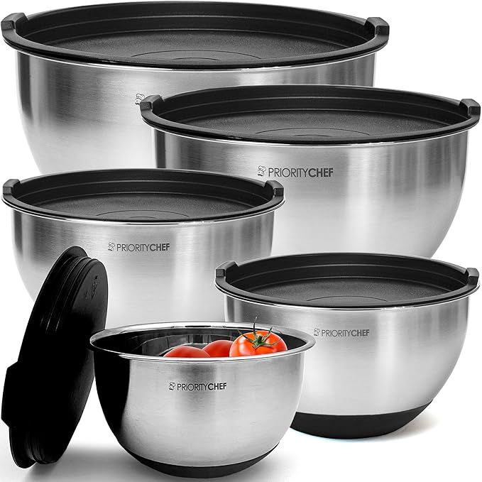 The Priority Chef Premium Stainless Steel Mixing Bowls with Airtight Lids are a versatile and essential tool for any kitchen. Made of high-quality stainless steel, these mixing bowls are durable, sleek, and easy to clean. The set includes five different sizes: 1.5, 2, 3, 4, and 5 quarts, allowing for a variety of cooking and baking needs.