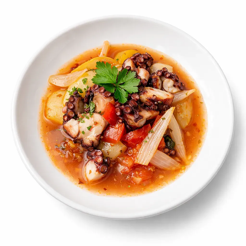 A traditional Portuguese seafood dish made with octopus and vegetables, simmered to perfection in a cataplana pan.
