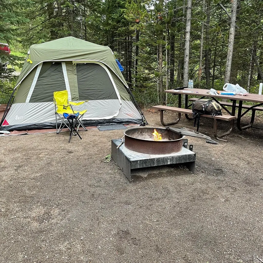 At an elevation of approximately 8350 feet, Falls Campground provides a serene alpine escape ideal for both passionate tent campers and RV enthusiasts. The crisp mountain air offers a refreshing retreat with temperatures that can dip into the 30s or 40s, even at the height of summer, ensuring a cool and comfortable environment.

The dedicated camp hosts at Falls Campground are known for their friendly and helpful demeanors, ready to assist guests to ensure a memorable stay. With a commitment to tranquility, the campground offers distinct loops tailored to visitor preferences. Loop A features electrical hookups for RVs, providing a generator-free zone for a peaceful experience. Meanwhile, Loop B offers more spacious and secluded sites for those seeking solitude, positioned away from the highway and nestled closer to nature’s ambiance.

Visitors can enjoy the convenience of facilities like a water pump at the park’s entrance, secure bear boxes for safe food storage, and impeccably maintained pit toilets. Loop A's proximity to a picturesque trail leading to the falls and an array of scenic routes ensures ample opportunities for exploration and connecting with the natural surroundings.

For wildlife watchers and nature lovers, the campground is a treasure trove, home to an array of fauna such as ground squirrels and a variety of birds that animate the large trees and the clear sky above. Expect to bask in the enchantment of local trails, gaze upon stunning mountain vistas, and witness the ever-changing canvas of breathtaking fall colours.

Situated less than an hour's drive from the magnificent Tetons and a mere 22 miles from town, Falls Campground is ideally positioned for guests planning day excursions into the Jackson area or the renowned Yellowstone National Park. The areas around the campground are rich with unspoiled beauty and are frequented by visitors seeking a more intimate encounter with nature, evidenced by its less crowded but easily accessible waterfalls.

For digital nomads or those looking to occasionally connect with the outside world, mobile service is intermittently available depending on the carrier, with T-Mobile users generally experiencing better coverage.

Falls Campground remains a favored destination for full-time travelers and occasional adventurers alike, offering an unparalleled camping experience that eloquently balances seclusion, natural beauty, and the comforts of a well-maintained outdoor haven. Description by ChatGPT.