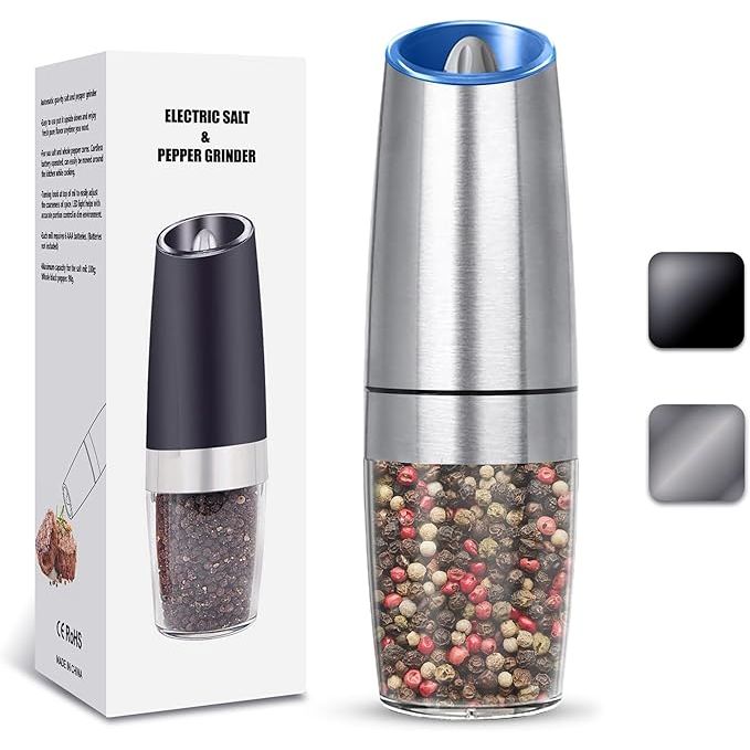 The Gravity Electric Salt and Pepper Grinder set of 2 is a convenient and modern way to season your food with ease. This set includes one grinder for salt and one for pepper, both of which are battery powered for effortless grinding.