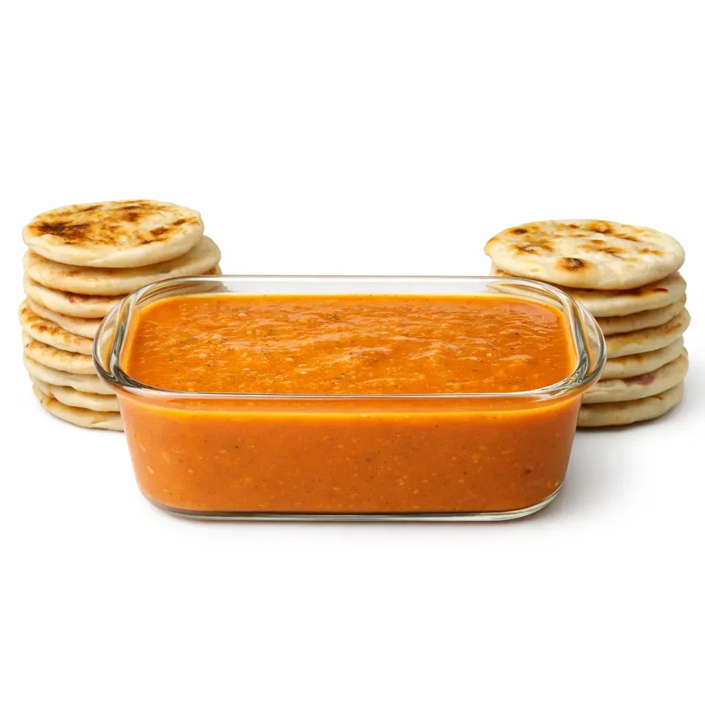 A vibrant and flavorful red tomato sauce designed to complement pupusas and enhance a variety of dishes, showcasing the rich culinary tradition of El Salvador.