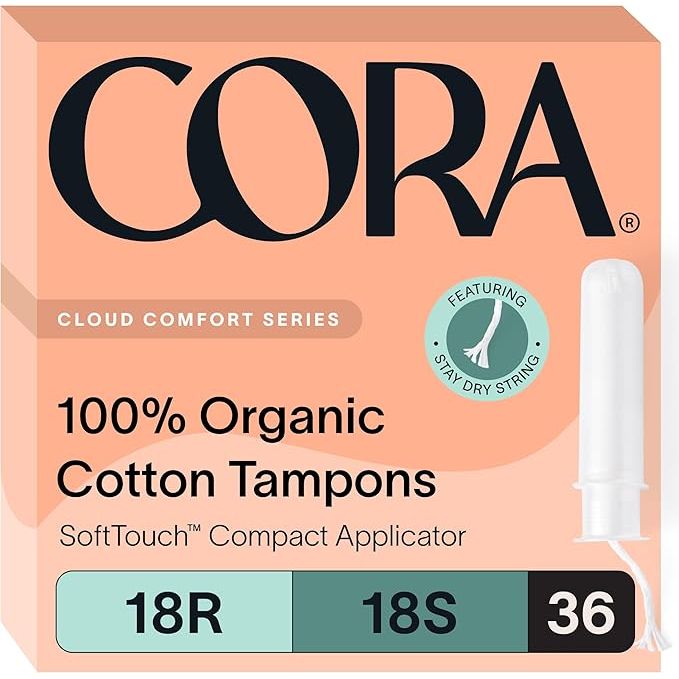 Cora Organic Applicator Tampon Multipack contains 18 regular and 18 super absorbency tampons made from 100% organic cotton. They are unscented and free from BPA, making them safe for your health. The tampons come with a compact applicator for easy and comfortable insertion.