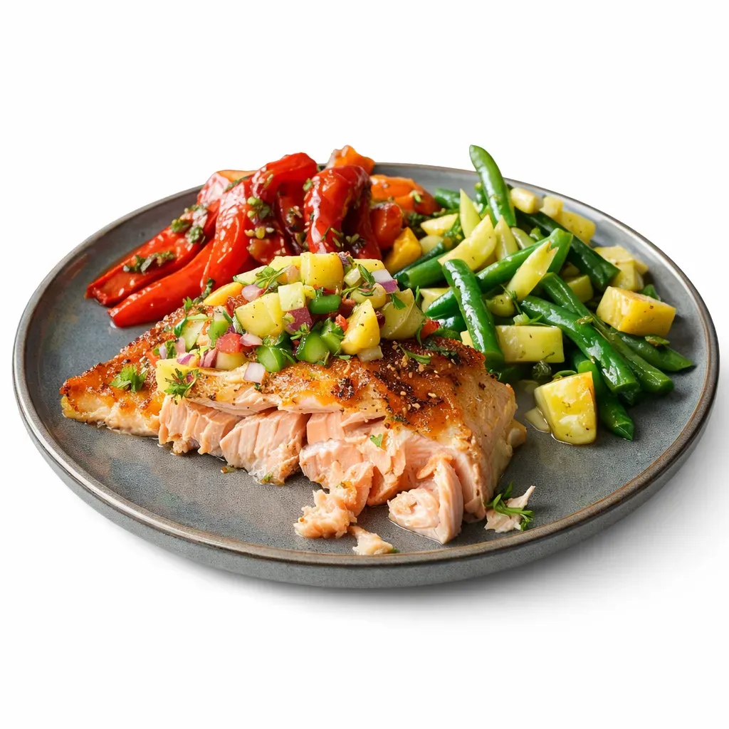 A contemporary dish that pairs perfectly seared Arctic Char fillet with vibrant and fresh peach salsa, ideal for any occasion.