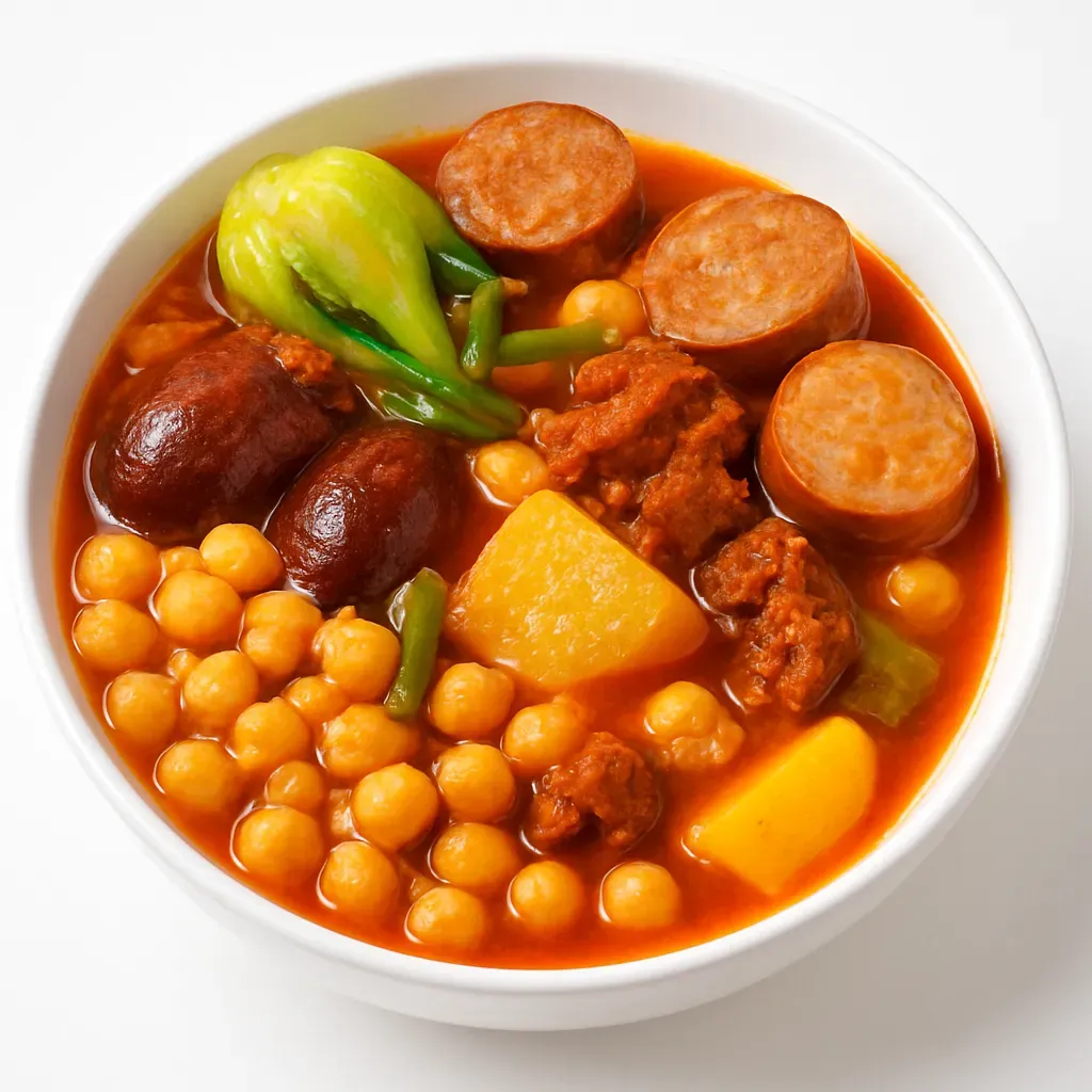 A traditional and comforting Cuban stew made with chickpeas, vibrant vegetables, and savory chorizo, perfect for family meals.