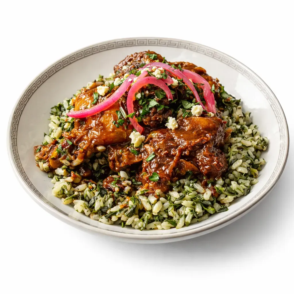 A hearty and aromatic Greek-style beef stew featuring tender beef chuck roast, whole shallots, and a rich tomato-based sauce, perfect for cozy dinners.