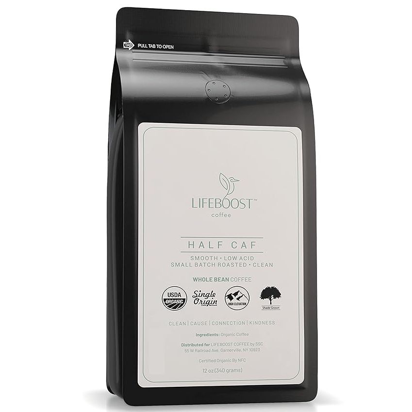 Lifeboost Coffee Half Caff Whole Bean Coffee is a low acid single origin coffee made from USDA organic beans. This coffee blend contains half the caffeine of regular coffee, making it a great option for those looking to reduce their caffeine intake without sacrificing flavor.