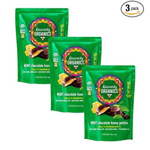 Heavenly Organics Mint Chocolate Honey Patties are a delicious treat made with 100% organic cocoa and 100% organic raw white honey. They are certified Non-GMO, Fair Trade, Kosher, Dairy & Gluten Free, and contain no added sugar.