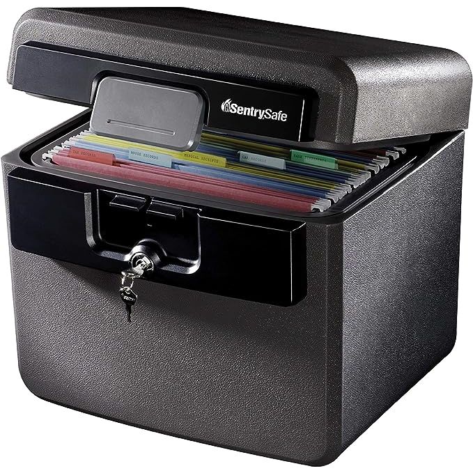 The SentrySafe Black Fireproof and Waterproof Safe, File Folder and Document Box with Key Lock, model number HD4100, is a reliable and durable storage solution for important documents and valuables.