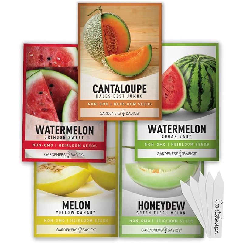 Gardeners Basics offers a variety pack of melon fruit seeds for planting in home gardens. The pack includes seeds for five different melon varieties: Hales Best Cantaloupe, Crimson Sweet Watermelon, Yellow Canary Melon, Green Flesh Honeydew Melon, and Sugar Baby Watermelon.